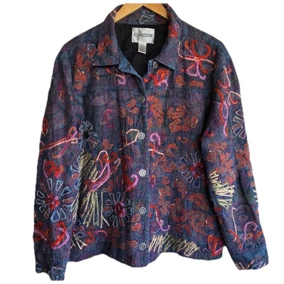 Chico's Jackets & Blazers - Chico's Denim Embroidered Boho Jacket Wearable Art Beaded Size XL /16 Maximalist